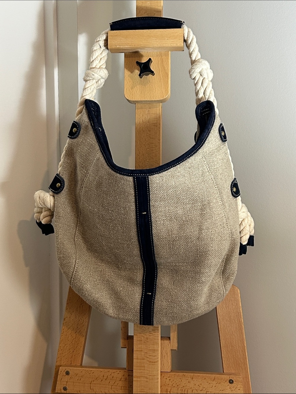 VINTAGE J. Crew Rope Handle Hobo Bag in Natural Linen and Navy Suede - Picture 4 of 6
